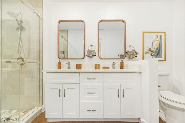 bathroom featuring vanity, toilet, and a shower with shower door