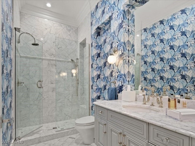 bathroom featuring crown molding, vanity, toilet, and walk in shower