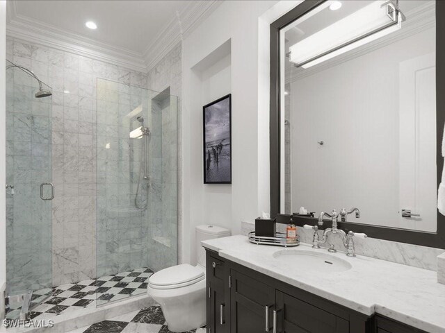 bathroom featuring vanity, a shower with shower door, ornamental molding, and toilet