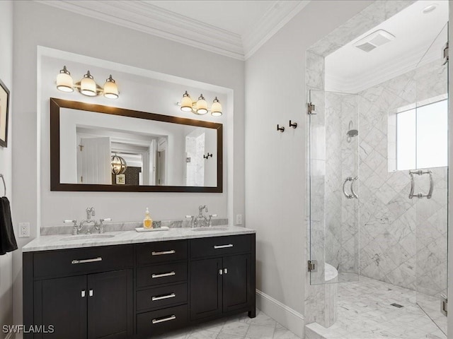 bathroom with vanity, a shower with door, and ornamental molding