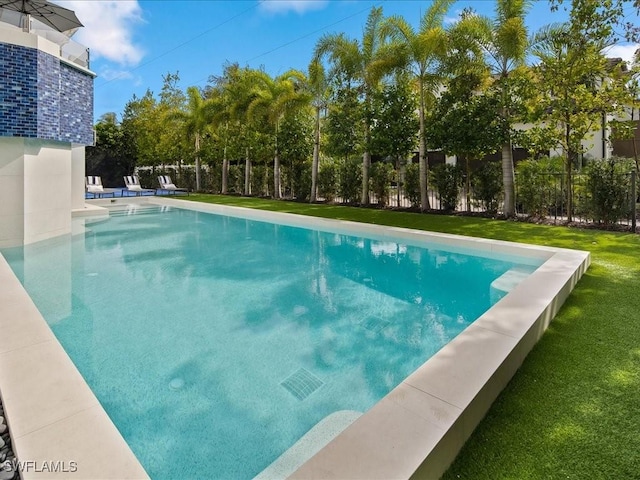 view of pool with a yard