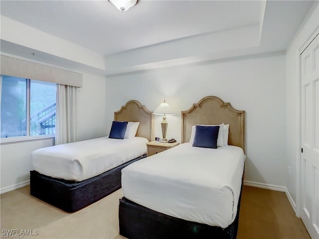 carpeted bedroom with a tray ceiling and a closet