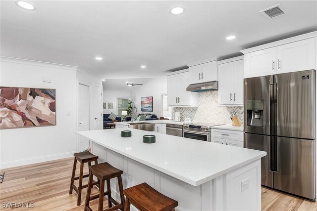 kitchen featuring white cabinetry, a kitchen breakfast bar, kitchen peninsula, stainless steel appliances, and decorative backsplash