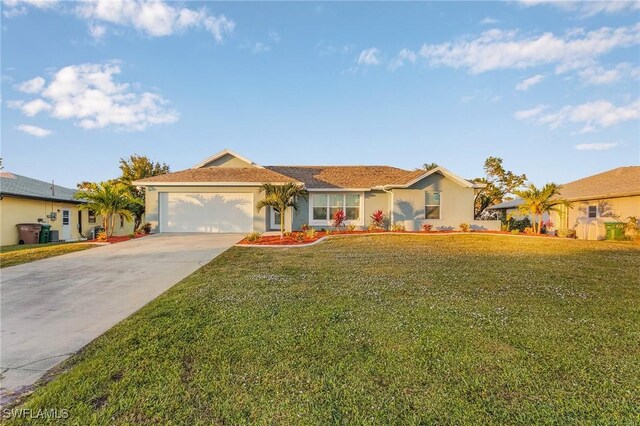 ranch-style house with a garage and a front lawn