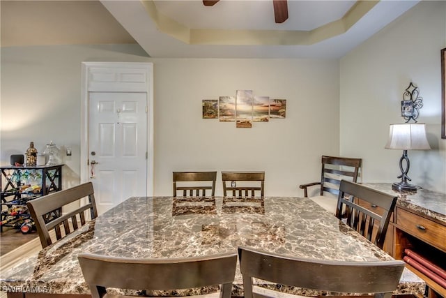 dining area with ceiling fan and a raised ceiling