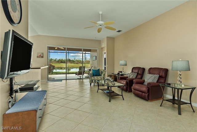 living room with light tile patterned floors and ceiling fan