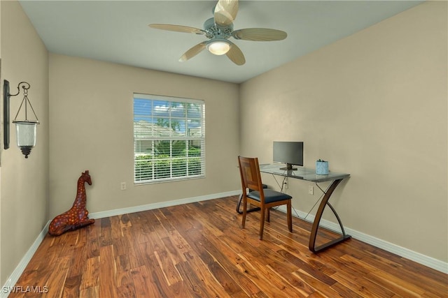 home office featuring ceiling fan and dark hardwood / wood-style flooring