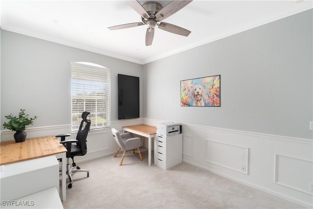 15881 Delasol Ln, Naples, FL 34110 - home office featuring light carpet, ornamental molding, a wainscoted wall, and a ceiling fan