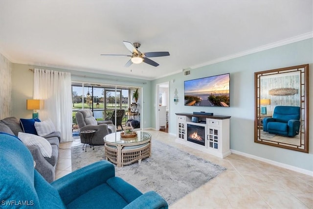 4572 Andover Way Unit C102, Naples, FL 34112 - living room featuring tile patterned floors, crown molding, baseboards, and ceiling fan