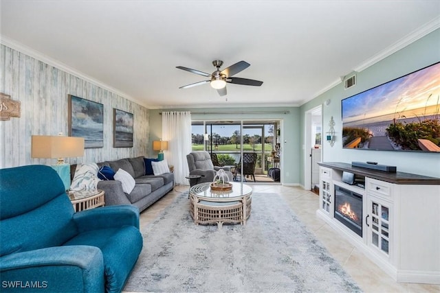 4572 Andover Way Unit C102, Naples, FL 34112 - living room featuring visible vents, crown molding, baseboards, ceiling fan, and light tile patterned floors