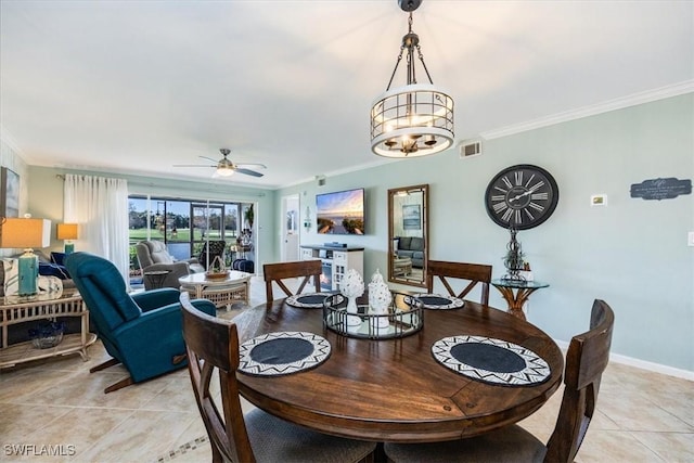 4572 Andover Way Unit C102, Naples, FL 34112 - dining area with visible vents, ceiling fan, ornamental molding, and light tile patterned floors