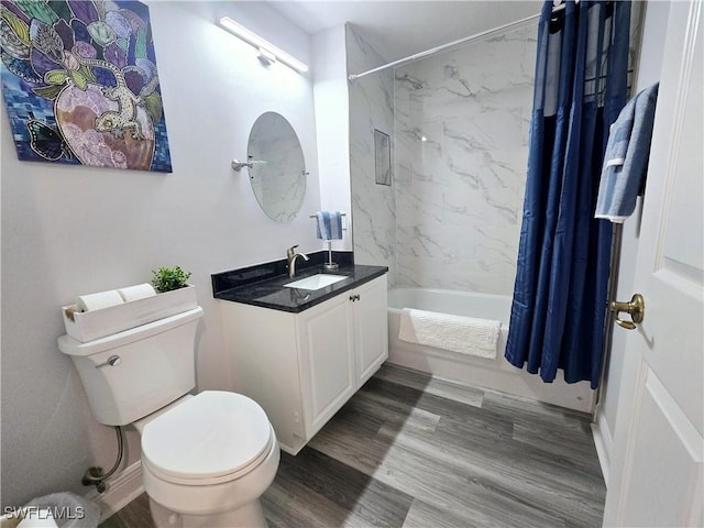 full bathroom featuring shower / bath combination with curtain, vanity, toilet, and hardwood / wood-style floors