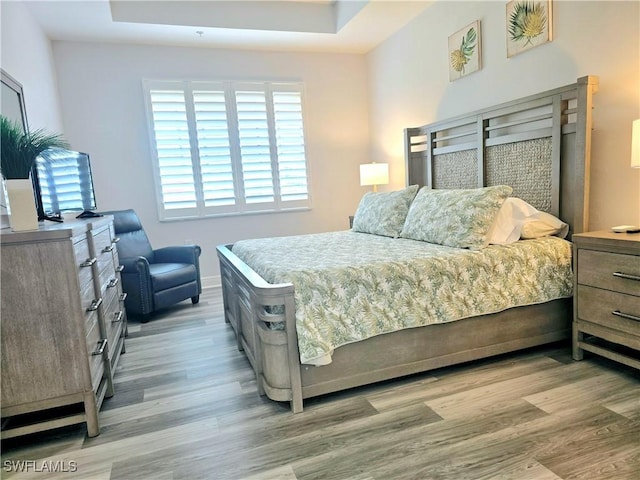 bedroom with a tray ceiling and light hardwood / wood-style flooring