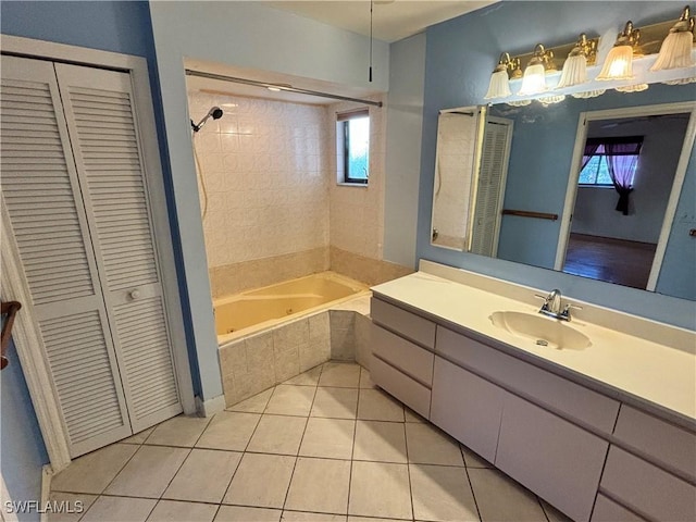 bathroom with vanity, shower with separate bathtub, and tile patterned flooring