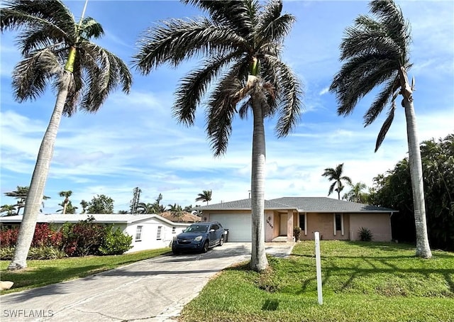 ranch-style house with a garage and a front lawn