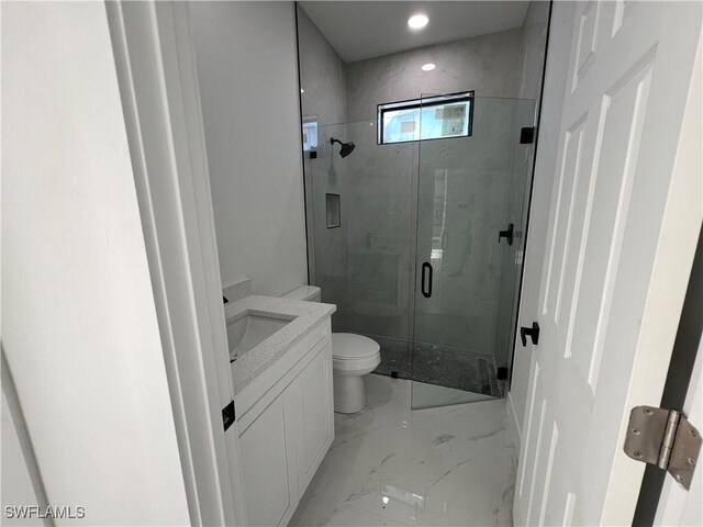 bathroom featuring vanity, a shower with shower door, and toilet