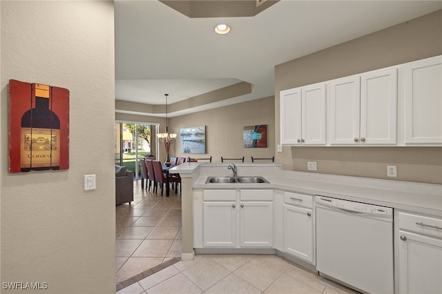 kitchen featuring sink, white cabinets, kitchen peninsula, and dishwasher