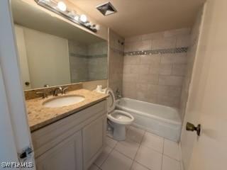 full bathroom featuring tile patterned floors, toilet, tiled shower / bath combo, and vanity