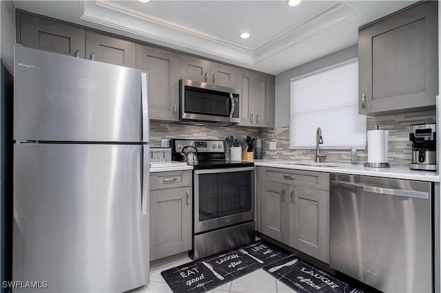 kitchen featuring appliances with stainless steel finishes, a tray ceiling, sink, and decorative backsplash