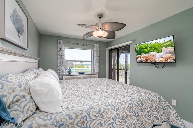 bedroom featuring ceiling fan and access to outside