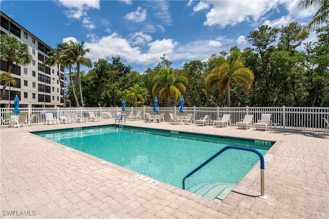 view of swimming pool featuring a patio area