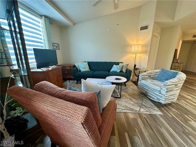 living room featuring hardwood / wood-style flooring and ceiling fan