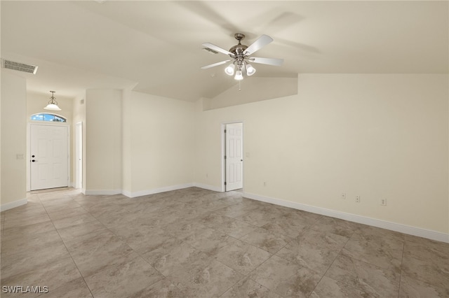 unfurnished room featuring lofted ceiling and ceiling fan