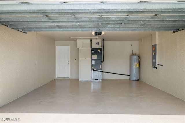 garage with heating unit, a garage door opener, electric panel, and water heater