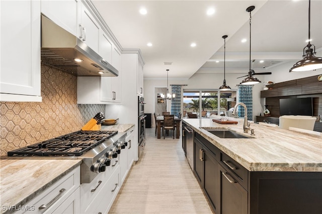 8949 Mustique Ln, Naples, FL 34114 - kitchen featuring under cabinet range hood, appliances with stainless steel finishes, a large island with sink, white cabinets, and light stone counters