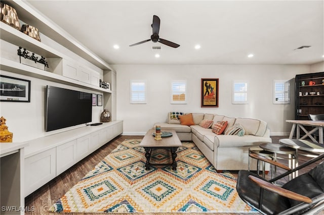 8949 Mustique Ln, Naples, FL 34114 - living area featuring a ceiling fan, dark wood-style flooring, and recessed lighting