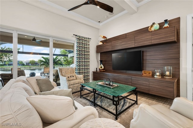 8949 Mustique Ln, Naples, FL 34114 - living area featuring a ceiling fan, crown molding, and beamed ceiling