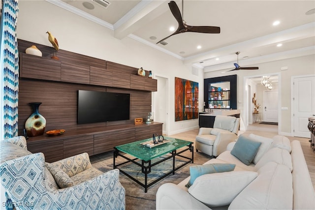 8949 Mustique Ln, Naples, FL 34114 - living area with a ceiling fan, beam ceiling, light wood-type flooring, recessed lighting, and crown molding