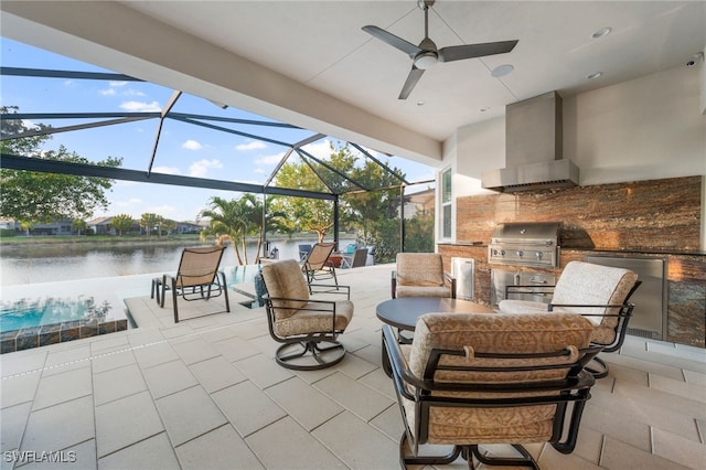 8949 Mustique Ln, Naples, FL 34114 - view of patio featuring area for grilling, a ceiling fan, glass enclosure, and a water view