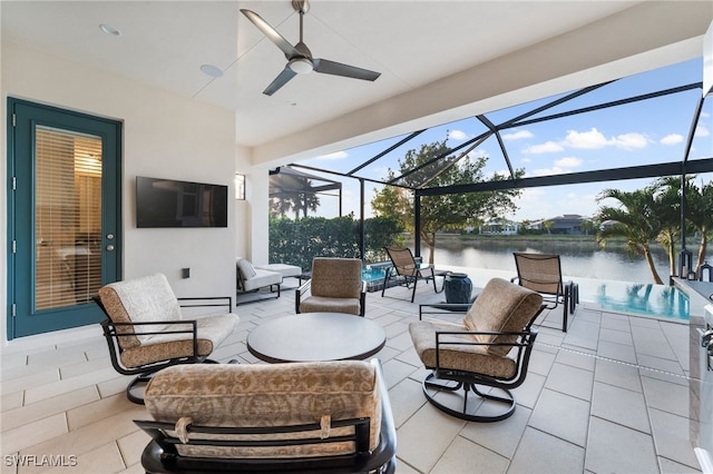 8949 Mustique Ln, Naples, FL 34114 - view of patio with outdoor lounge area, ceiling fan, and glass enclosure