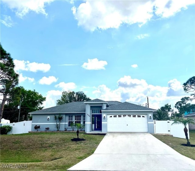 ranch-style home featuring a garage and a front lawn