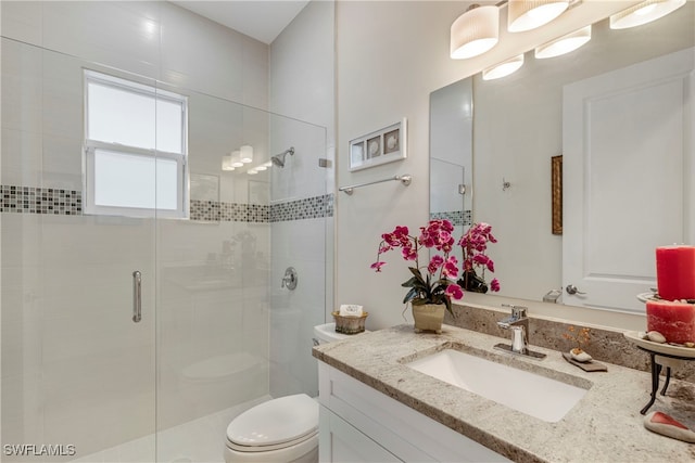 bathroom with a shower stall, toilet, and vanity