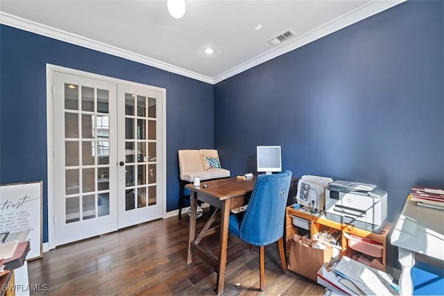 office area with dark hardwood / wood-style floors, ornamental molding, and french doors