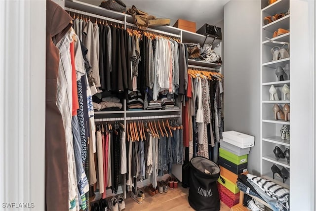 walk in closet with hardwood / wood-style floors