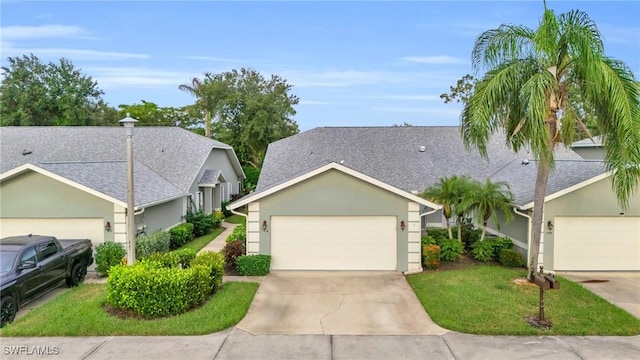 view of front of property with driveway, roof with shingles, an attached garage, and stucco siding