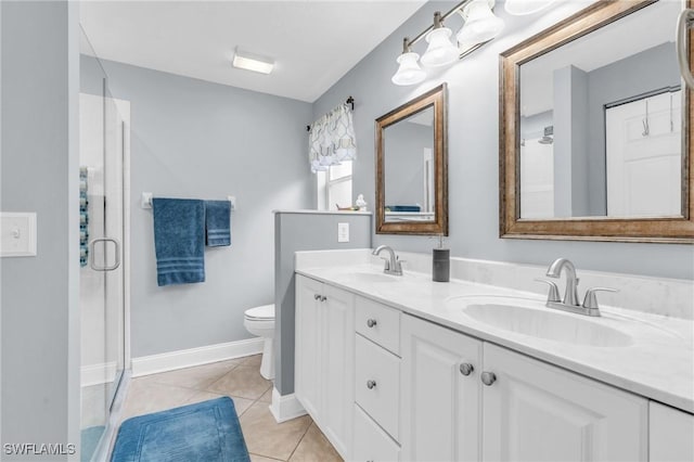 full bath featuring a stall shower, tile patterned flooring, a sink, and toilet