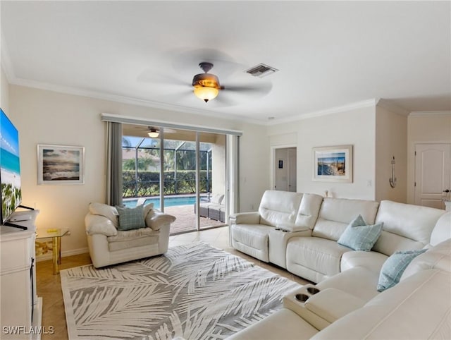 living room with crown molding and ceiling fan