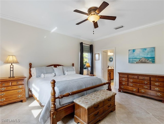 tiled bedroom featuring crown molding, ensuite bath, and ceiling fan