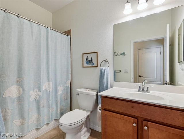 full bathroom featuring vanity, tile patterned flooring, shower / bath combination with curtain, and toilet