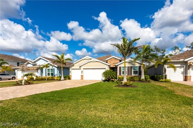 ranch-style house featuring a garage and a front yard