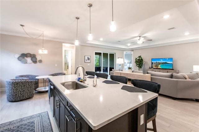 kitchen featuring pendant lighting, sink, light hardwood / wood-style flooring, a tray ceiling, and a center island with sink