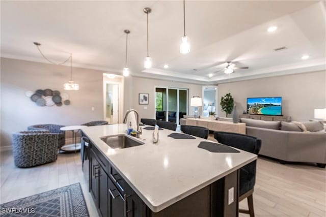 kitchen featuring sink, hanging light fixtures, a center island with sink, a tray ceiling, and light hardwood / wood-style floors