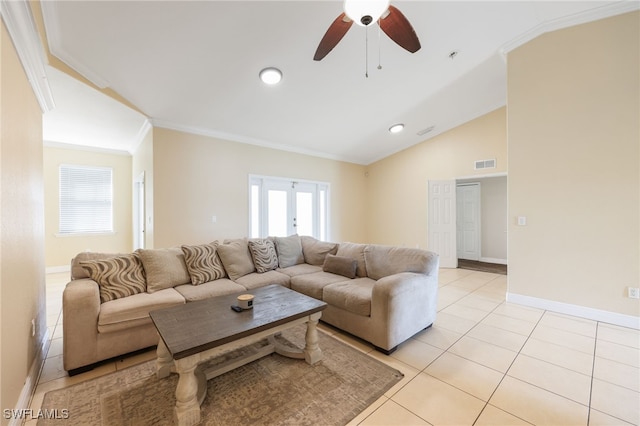 living room with crown molding, ceiling fan, light tile patterned flooring, vaulted ceiling, and french doors