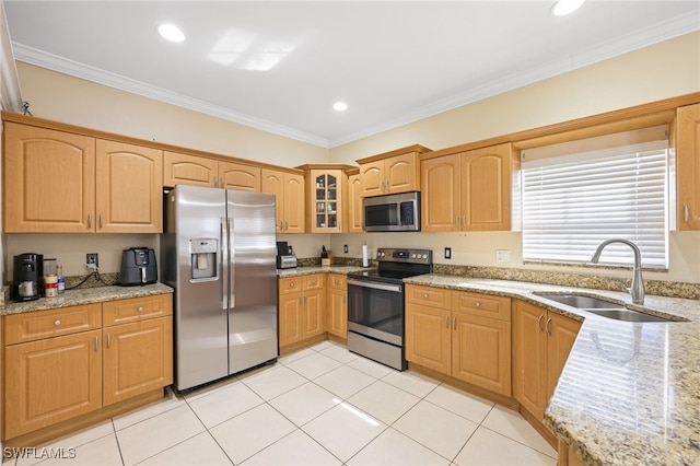 kitchen featuring light stone counters, sink, crown molding, and stainless steel appliances