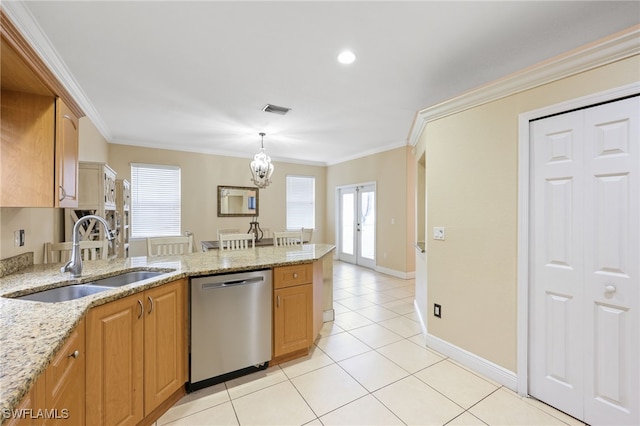 kitchen featuring crown molding, stainless steel dishwasher, light stone countertops, and sink