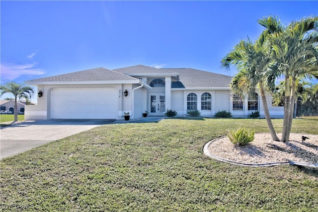 single story home featuring a garage and a front yard